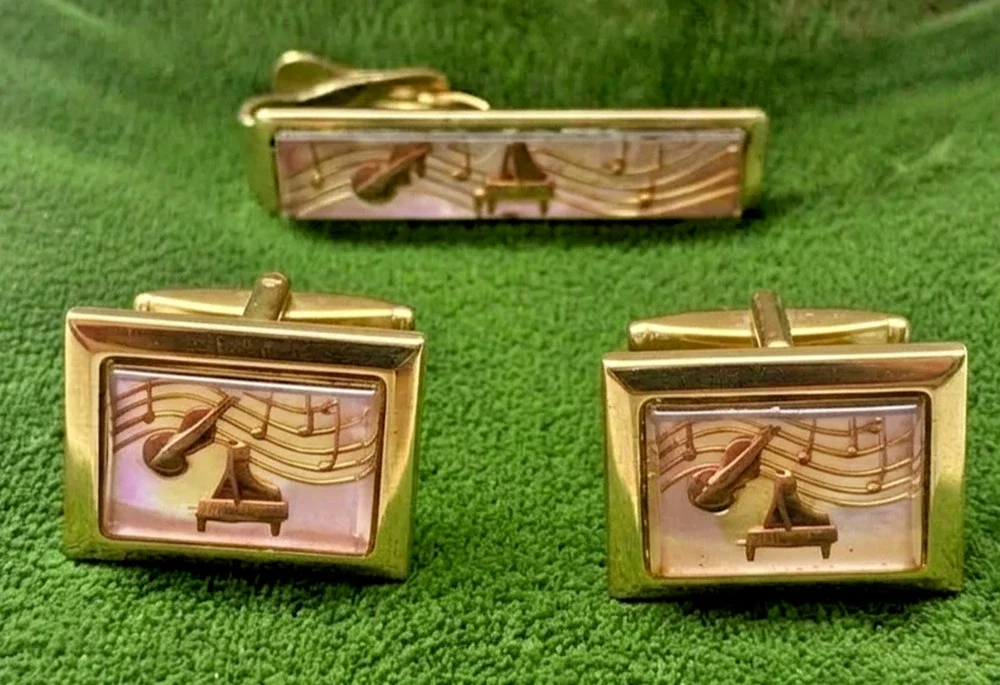 Krementz MCM Jazz Cufflinks Tie Bar Piano Bass w/Original Box 14k Gold Overlay